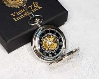 Steampunk Pocket Watch | Silver / Mechanical  / Black and Gold Mechanism / Gift for Him / Wedding Groomsmen Gift | Victory & Innsbruck