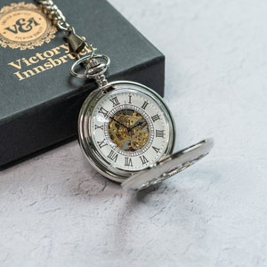 Steampunk Pocket Watch | Silver / Mechanical / Gold Mechanism / Gift for Him / Wedding Groomsmen Gift | Victory & Innsbruck