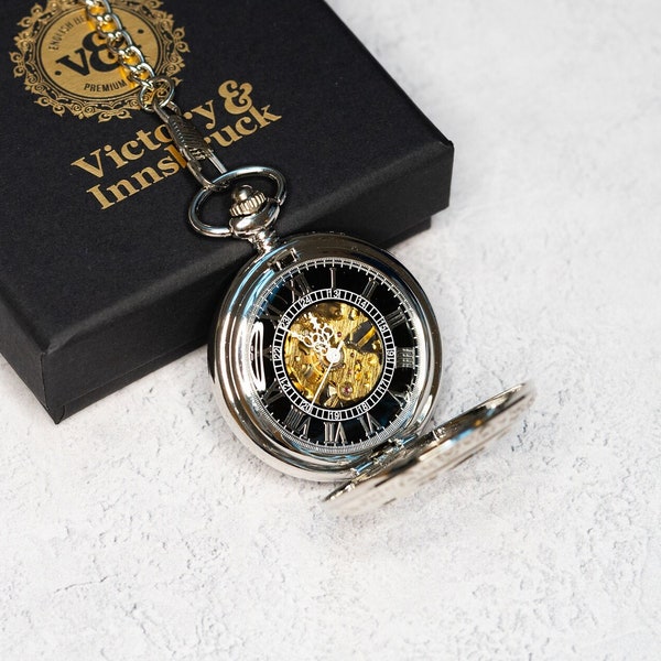 Montre de poche steampunk | Argenté / Mécanique / Mécanisme noir et or / Cadeau pour lui / Cadeau mariage garçons d'honneur | Victoire et Innsbruck