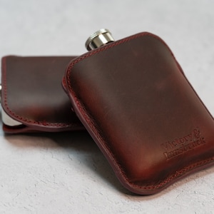 Full Grain Leather Cased Hip Flask | Silver / Copper Flask  | Burgundy Leather | 6oz Stainless Steel Hipflask | Wedding Groomsman Gift | V&I