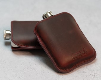 Full Grain Leather Cased Hip Flask | Silver / Copper Flask  | Burgundy Leather | 6oz Stainless Steel Hipflask | Wedding Groomsman Gift | V&I