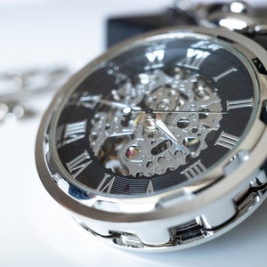 Skeleton Pocket Watch | Silver / Mechanical / Silver Mechanism / Gift for Him / Wedding Groomsmen Gift | Victory & Innsbruck