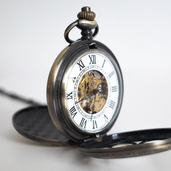 Steampunk Bronze Double Hunter Pocket Watch | Gold Skeleton Mechanical