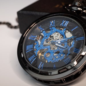 Skeleton Pocket Watch | Gunmetal Black / Mechanical / Blue Mechanism / Gift for Him / Wedding Groomsmen Gift | Victory & Innsbruck