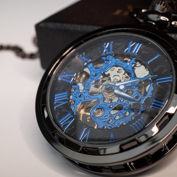 Montre de poche squelette | Noir bronze / Mécanique / Mécanisme bleu / Cadeau pour lui / Cadeau de mariage pour garçons d'honneur | Victoire et Innsbruck