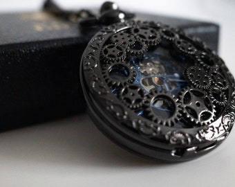 Steampunk Pocket Watch | Gunmetal Black / Gears / Cogs / Blue Silver Mechanism / Gift for Him / Wedding Groomsmen Gift | Victory & Innsbruck