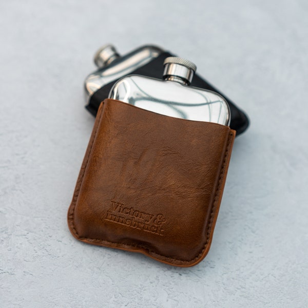 Leather Cased Hip Flask | Brown Tan Leather | 6oz Stainless Steel Hipflask | Wedding Groomsman Gift | Victory & Innsbruck