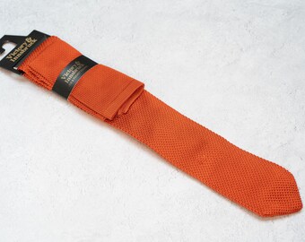 Ensemble Cravate & Pochette Homme En Soie Tricotée - Orange - Fait Main Au Royaume-Uni - Neuf Avec étiquettes