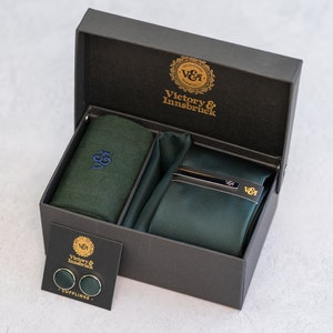 Dark Bottle Green Tie Set / Textured Tie, Pocket Square, Socks, Tie Clip, Cufflinks / Gift for Him / Wedding Tie Groomsmen Gift Set | V&I