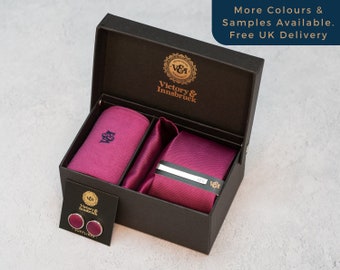 Raspberry Textured Tie Set. Tie, Pocket Square, Tie Clip, Cufflinks, and Socks. Groomsmen Wedding Gift.