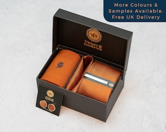 Burnt Orange Textured Tie Set. Tie, Pocket Square, Tie Clip, Cufflinks, and Socks. Groomsmen Wedding Gift.