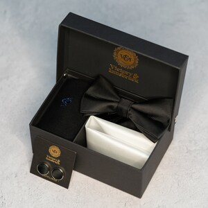 Black Bow Tie Set Tie, Pocket Square, Socks, Tie Clip, Cufflinks Gift for Him Wedding Tie Groomsmen Gift Set