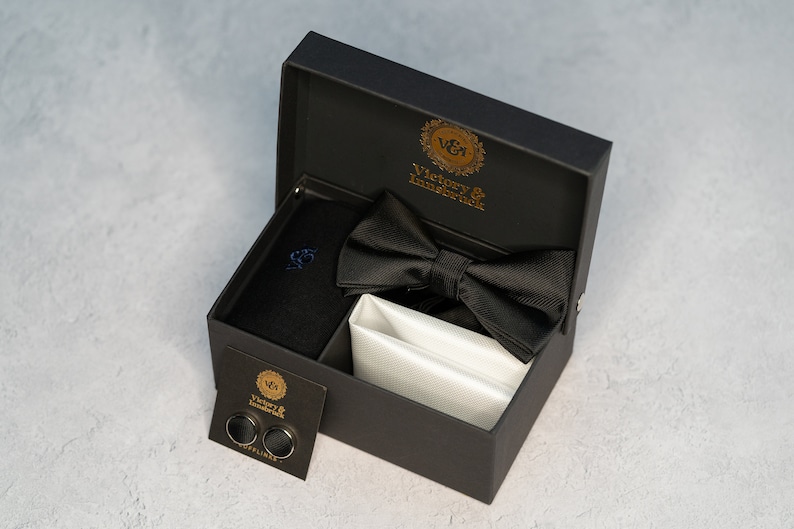 Black Bow Tie Set Tie, Pocket Square, Socks, Tie Clip, Cufflinks Gift for Him Wedding Tie Groomsmen Gift Set