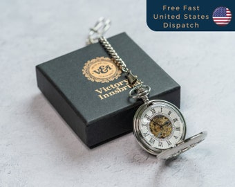 Steampunk Pocket Watch | Silver / Mechanical / Gold Mechanism / Gift for Him / Wedding Groomsmen Gift / US Fulfilment | Victory & Innsbruck