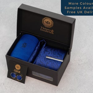 Royal Blue Tie Set / Tie, Pocket Square, Socks, Tie Clip, Cufflinks / Gift for Him / Wedding Tie Groomsmen Gift Set | Victory & Innsbruck
