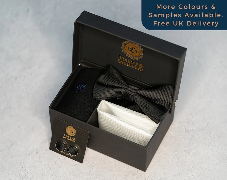 Black Tie Event Set. Tie, Pocket Square, Tie Clip, Cufflinks, and Socks. Groomsmen Wedding Gift. image 1