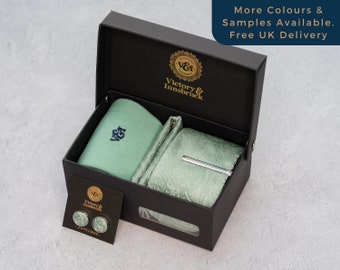 Sage Green Tie Set / Tie, Pocket Square, Socks, Tie Clip, Cufflinks, Lapel Pin / Gift for Him / Wedding Tie Groomsmen Gift Set | V&I