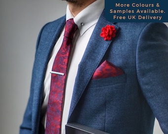 Tie, Pocket Square, Socks, Tie Clip, Lapel Flower, Cufflinks / Gift for Him / Wedding Groomsmen Gift Set / Red Paisley Tie Set | V&I