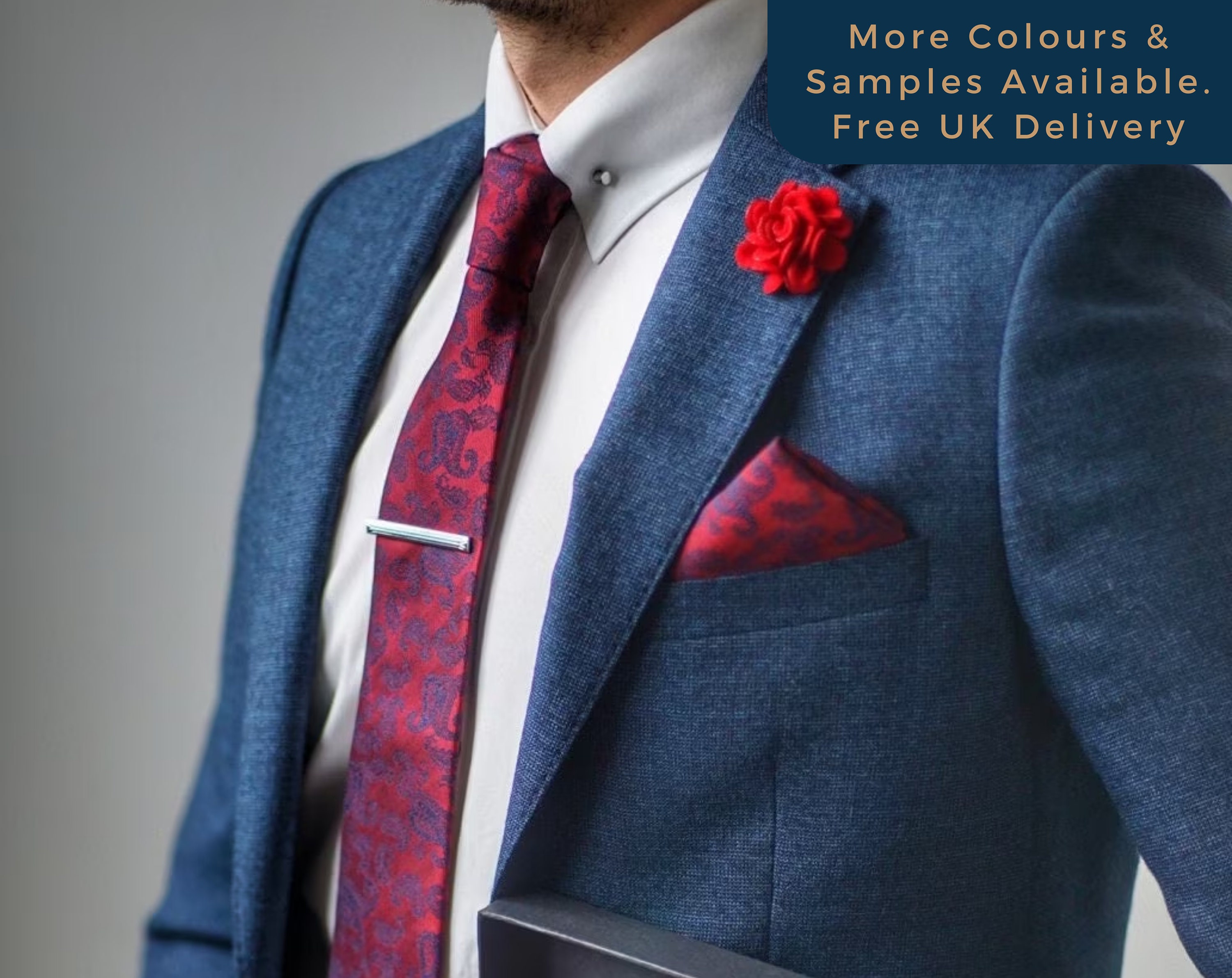 Grey Suit, Red Knitted Tie, Red Socks, Red Pocket Square, Black