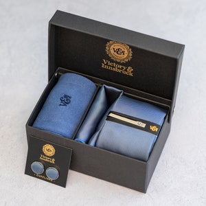 Slate Blue Tie Set / Textured Tie, Pocket Square, Socks, Tie Clip, Cufflinks / Gift for Him / Wedding Tie Groomsmen Gift Set | V&I