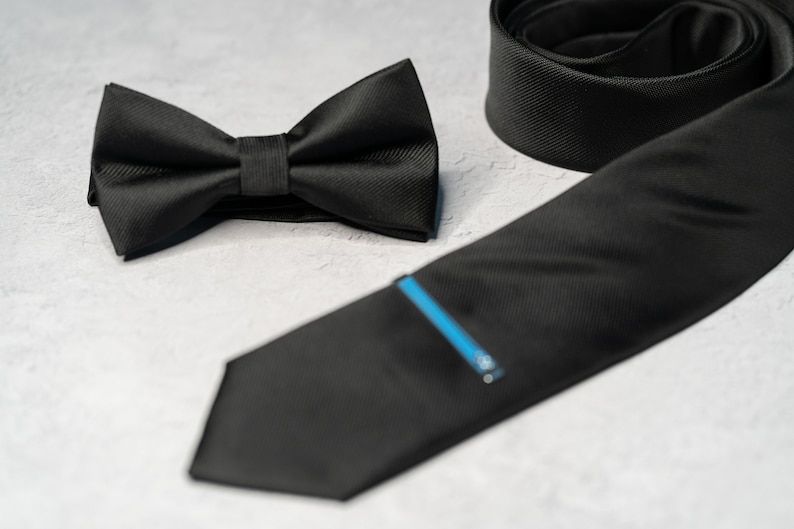 Black Bow Tie Set Tie, Pocket Square, Socks, Tie Clip, Cufflinks Gift for Him Wedding Tie Groomsmen Gift Set