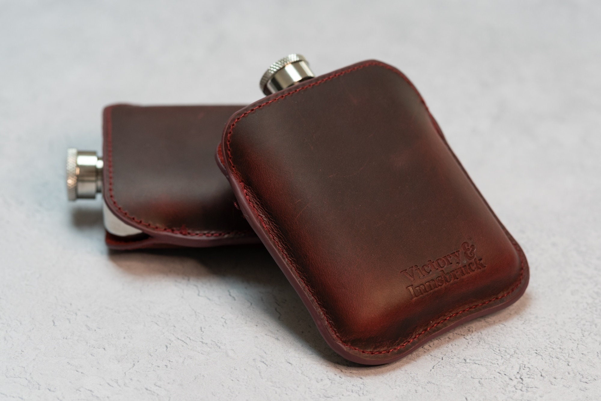 Full Grain Leather Cased Hip Flask | Silver / Copper Flask  | Burgundy Leather | 6oz Stainless Steel Hipflask | Wedding Groomsman Gift | V&I