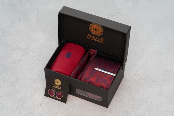 Red Paisley Tie Set. Tie, Pocket Square, Tie Clip, Cufflinks, and