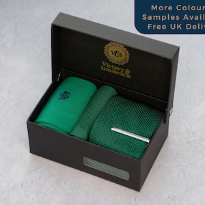 Forest Green Knitted Tie Set / Knitted Tie, Pocket Square, Socks, Tie Clip / Gift for Him / Wedding Tie Groomsmen Gift Set | V&I