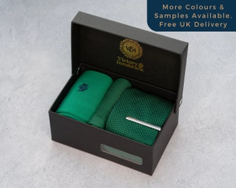 Forest Green Knitted Tie Set / Knitted Tie, Pocket Square, Socks, Tie Clip / Gift for Him / Wedding Tie Groomsmen Gift Set | V&I