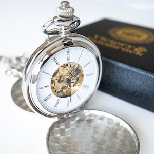 Skeleton Pocket Watch | Silver / Double Hunter / Mechanical  / Gold Mechanism / Gift for Him / Wedding Groomsmen Gift | Victory & Innsbruck