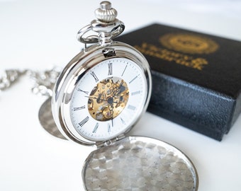 Skeleton Pocket Watch | Silver / Double Hunter / Mechanical  / Gold Mechanism / Gift for Him / Wedding Groomsmen Gift | Victory & Innsbruck