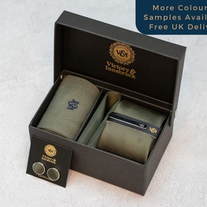 Olive Green Tie Set / Tie, Pocket Square, Socks, Tie Clip, Cufflinks, Lapel Pin / Gift for Him / Wedding Tie Groomsmen Gift Set | V&I