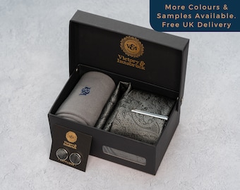Grey Paisley Tie Set / Tie, Pocket Square, Socks, Tie Clip, Cufflinks / Gift for Him / Wedding Tie Groomsmen Gift Set | Victory & Innsbruck
