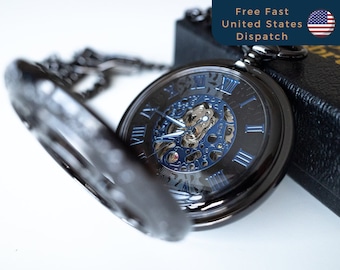 Steampunk Pocket Watch | Gunmetal Black / Mechanical / Blue Silver Mechanism / Wedding Groomsmen Gift / US Fulfilment | Victory & Innsbruck