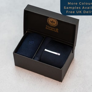 Navy Blue Knitted Tie Set / Knitted Tie, Pocket Square, Socks, Tie Clip / Gift for Him / Wedding Tie Groomsmen Gift Set | V&I