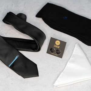 Black Bow Tie Set Tie, Pocket Square, Socks, Tie Clip, Cufflinks Gift for Him Wedding Tie Groomsmen Gift Set