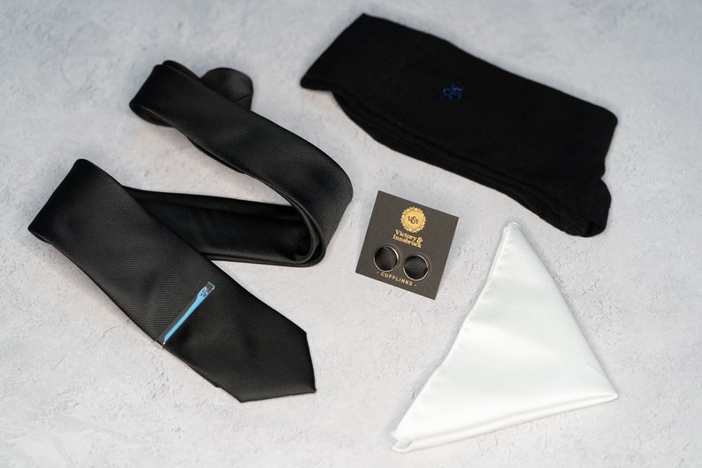 Black Bow Tie Set Tie, Pocket Square, Socks, Tie Clip, Cufflinks Gift for Him Wedding Tie Groomsmen Gift Set
