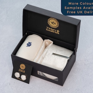 Ivory Tie Set / Tie, Pocket Square, Socks, Tie Clip, Cufflinks, Lapel Pin / Gift for Him / Wedding Tie Groomsmen Gift Set | V&I