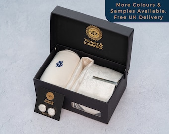 Ivory Paisley Tie Set. Tie, Pocket Square, Tie Clip, Cufflinks, and Socks. Groomsmen Wedding Gift.