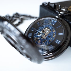 Steampunk Pocket Watch | Gunmetal Black / Mechanical / Blue Silver Mechanism / Gift for Him / Wedding Groomsmen Gift | Victory & Innsbruck