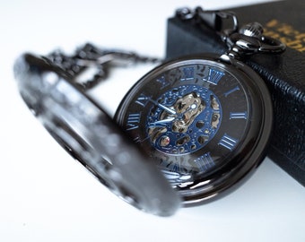 Montre de poche steampunk | Noir bronze / Mécanique / Mécanisme bleu argenté / Cadeau pour lui / Cadeau de mariage pour garçons d'honneur | Victoire et Innsbruck