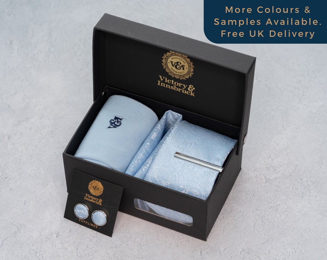 Light Blue Paisley Tie Set. Tie, Pocket Square, Tie Clip