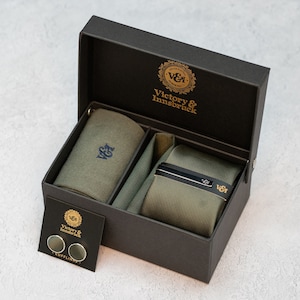 Olive Green Tie Set / Tie, Pocket Square, Socks, Tie Clip, Cufflinks, Lapel Pin / Gift for Him / Wedding Tie Groomsmen Gift Set V&I Full Box Set