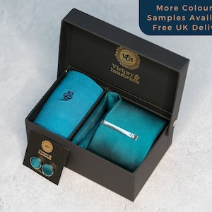 Teal Tie Set / Textured Tie, Pocket Square, Socks, Tie Clip, Cufflinks / Gift for Him / Wedding Tie Groomsmen Gift Set | Victory & Innsbruck