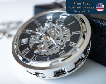 Skeleton Pocket Watch | Silver / Mechanical / Silver Mechanism / Gift for Him / Wedding Groomsmen Gift / US Fulfilment | Victory & Innsbruck