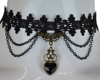 Dote Vintage Black Heart Lace Beads Chandelier Gothic Choker Necklace Pendant Adjustable Steampunk Jewellery Wedding Lolita Party Casual