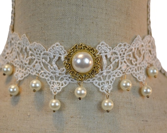 Dote Vintage Victorian White Pearl Gothic Choker Necklace Pendant Hanging Pearls on Lace Stunning Steampunk Lolita Jewellery Wedding Royalty