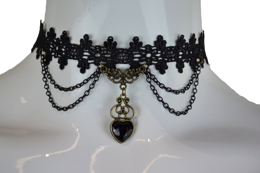 Dote Vintage Black Heart Lace Beads Chandelier Gothic Choker Necklace ...