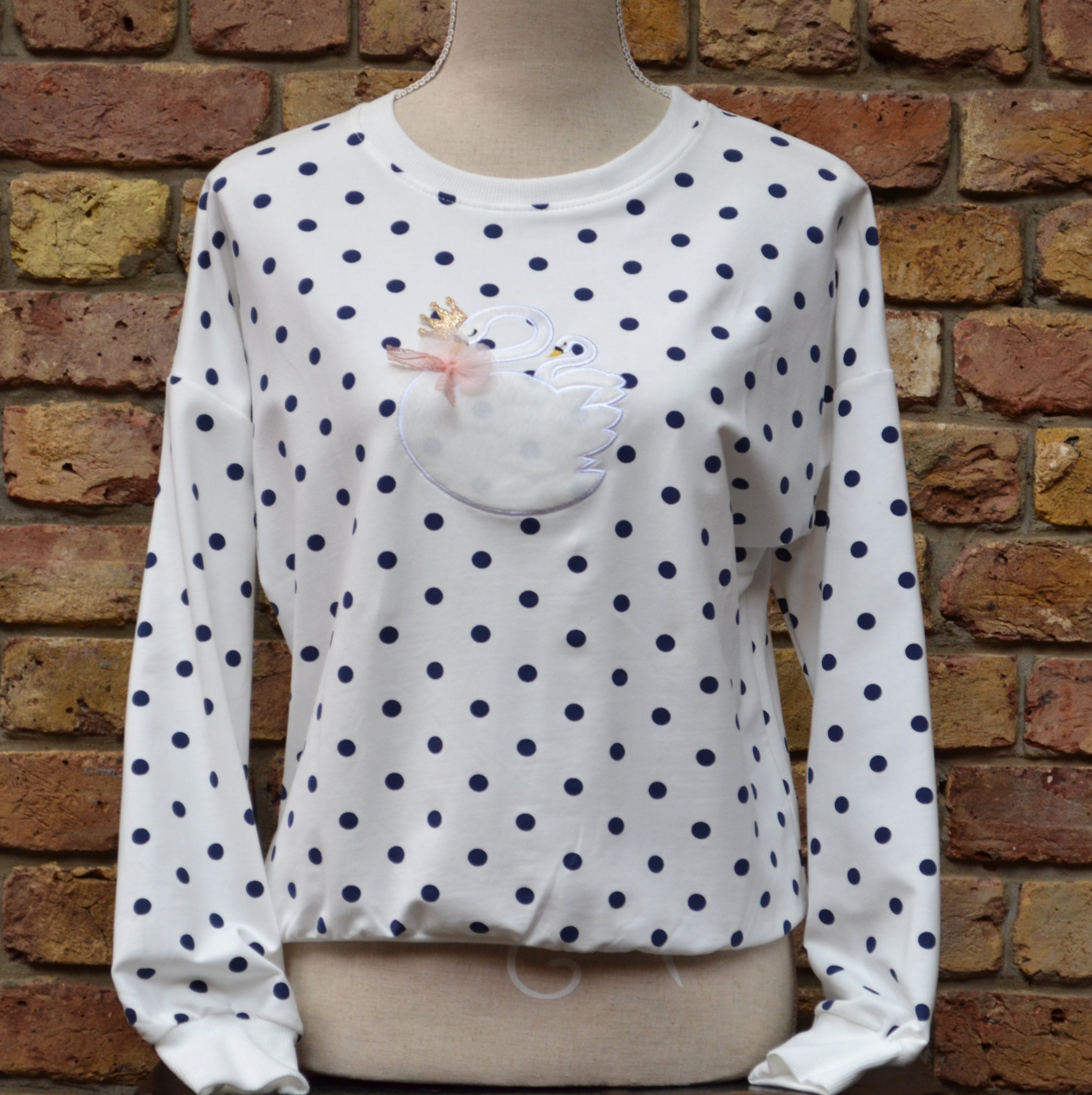 Dote Vintage Bold Blue Polka Main White Polka Dot Swan Couple Fleece Feel Warm and Soft Lady Fashion Crew Neck Sweatshirt Women Long Sleeve