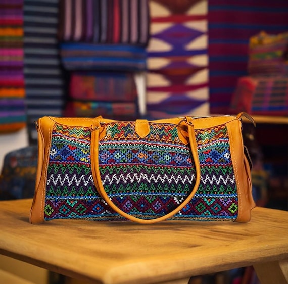 Guatemalan Huipil Hand Woven Bird Tapestry Floral Boho Bag Backpack Leather Weekender Bag in Natural Tan Leather and Hand Made Huipil  main image 4